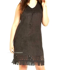 FAUX SUEDE DRESS Soft Touch Tassel Trim Dark Brown UK Sizes 16,18,20,22 BNWT - Picture 1 of 8