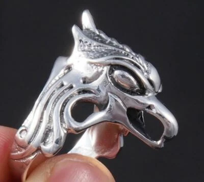 ENORME ANILLO DE PLATA MACIZA 925 CABEZA DE PÁJARO RENACIMIENTO FUEGO TRIBAL FÉNIX 13 g Foto 1 de 4