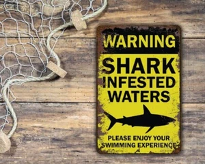 Warning Shark Infested Waters Funny Metal Sign - Picture 1 of 6