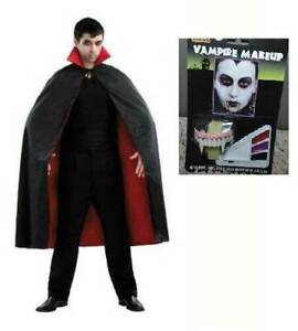 Mens Dracula Vampire Adult Cape, Teeth & Make-up Set Halloween Costume-OS