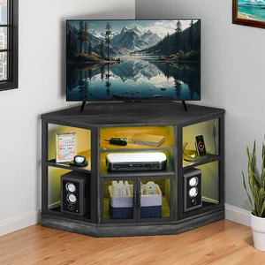 Black TV Stand Corner With Power Outlets LED for 32 to 55 In TVs Open Console - Picture 1 of 10