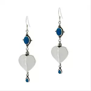 925 Silver Lab Created Blue Turquoise Heart Dangle Earrings - Picture 1 of 3