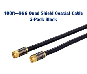 2-Pack -100ft Black RG6 Quad Shield Coax Cable for TV Antenna Satellite Dish DVD - Picture 1 of 9