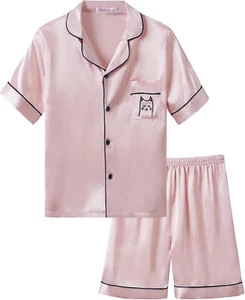 Satin Pajamas for Girls Coat Style Unicorn & Cat Silky Button down PJ Set Size 6 - Picture 1 of 12