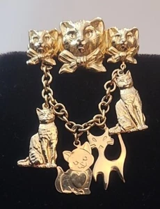 Kirks Folly Cat Lovers Dangle Triple Cat Pin Gold Tone 4 Cats on Chain Signed - Picture 1 of 17