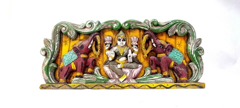 Hindu Goddess Lakshmi with two Elephants Temple Art Work Vintage Wooden Panel Cover