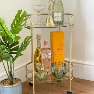 Stylish Gold Drinks Trolley Two Glass Shelves Eye Catching Gold With Castor - Picture 1 of 3
