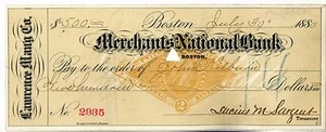 1880 Boston Massachusetts LUCIUS SARGENT JOHN KILBURN Revenue Stamp BANK CHECK - Picture 1 of 1