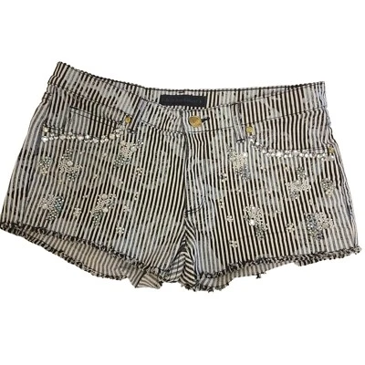 Pantalones Cortos de Jean Juicy Couture Denim Deshilachados Adornados Negro Blanco Rayas Para Mujer 2 Foto 1 de 4