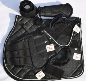 BLACK GLITTER SADDLE PAD MATCHY SET WITH BOOTS AND FLY BONNET - Picture 1 of 3