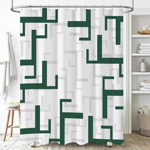 BTTN Emerald Green Shower Curtain - Geometric Fabric Shower Curtain Set with Hoo - Picture 1 of 12