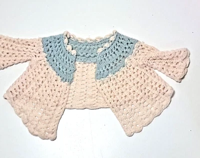 Vintage 70s Hand Knit Baby Cardigan Open Weave, Pink And Blue, 6-9 M - Image 1 of 4