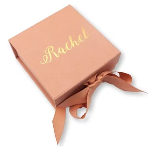 PERSONALISED NAME ROSE GOLD GIFT BOX RIBBON GOLD FOIL PRINT WEDDING BIRTHDAY - Picture 1 of 3