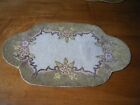 Old Antique rug doily beige oval silk hooked Chinese desert roses 