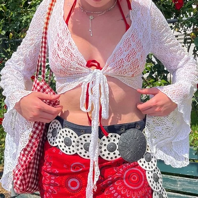 Womens Tie Up Open Front Top Ladies Knitted Cropped Bolero Short Cardigan - Image 1 of 4