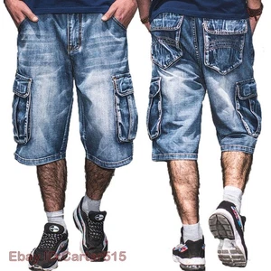 Men's Denim Cargo Pockets Loose Fit Breathable Jeans Shorts Hip Hop Punk Pants - Picture 1 of 7
