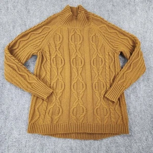 LL Bean Sweater Womens Large Tan Wool Blend Fisherman Cable Knit Mock Neck Cozy - Picture 1 of 13
