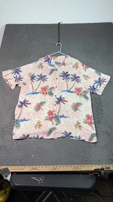 加勒比衬衫男式 XLT 粉红色米色花卉棕榈树夏威夷休闲纽扣 — 第 1/4 张图片