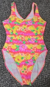 Vtg 90's Bermuda Beachwear Woman One Piece Swimsuit Neon Floral High Cut - Picture 1 of 10