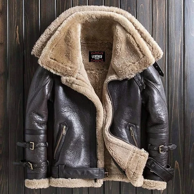 Men’s Brown Shearling Leather Jacket Aviator Bomber Fux Fur Warm Pilot Coat - Image 1 of 3