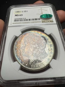1881-S Morgan $1 Dollar NGC & CAC MS 63 Monster Color PL Obverse Tape Toner Rev - Picture 1 of 3