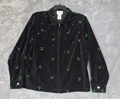 Vintage Quacker Factory Jacket Womens Large Holly Berry Velour Rhinestone 90s - Image 1 of 4