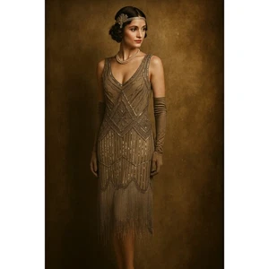 Fundaisy Womens L Flap Dress Silver Fringe Sequins 1920s Great Gatsby  - Picture 1 of 15