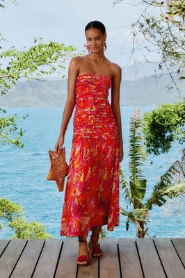 NWT AUTH FARM RIO Orange Flying Birds Strapless Midi Dress Sz MEDIUM M FREE SHIP - Image 1 of 4
