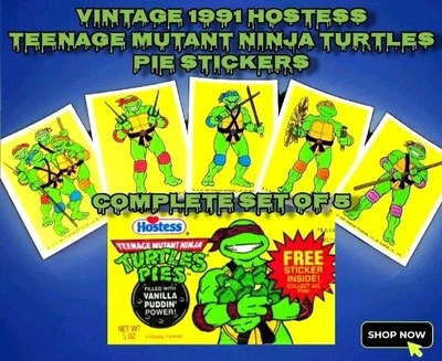 Vintage 1991 Hostess Teenage Mutant Ninja Turtles Pie Stickers Complete Set Of 5 - Image 1 of 4