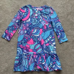 Lilly Pulitzer Dress Girls XL 12-14 Kim Ruffle Fish Blue Pink Cotton Preppy - Picture 1 of 7