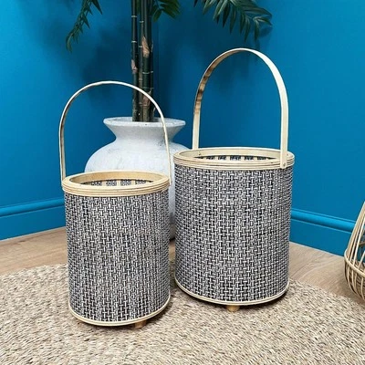 Set of 2 Rattan & Wood Candle Lanterns with Handles and Glass Holders 31x26x26cm - Image 1 of 4
