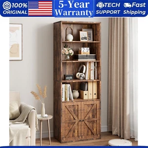 Tall Bookshelf Farmhouse Bookcase with Doors Display Storage Shelves Wooden NEW - Picture 1 of 9