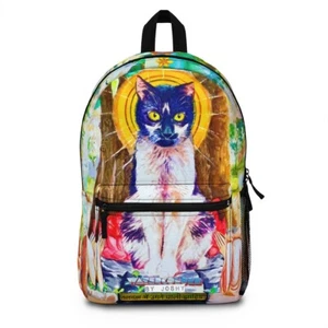 Zen Pussycat Paradise Watercolor Artisan Backpack - Religious Cat Art School Bag - Picture 1 of 6