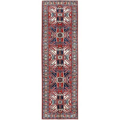 2'9"x9'10" Red Kazak with Tribal Design Hand Knotted Soft Wool Runner Rug R453 - Image 1 of 4