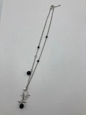 Christian Dior Logo Bow Rhinestone Chain Necklace Silver Women's Accessory Japan - Image 1 of 4