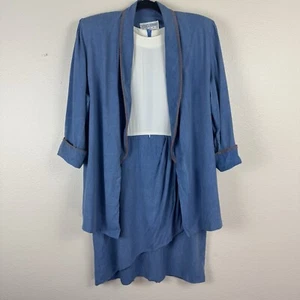 Vintage Jessica Howard Woman 3/4 Sleeve Blazer Jacket And Dress Blue White Large - Picture 1 of 24