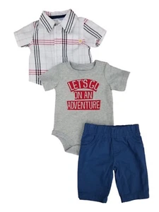 Infant Boys 3-Piece White Plaid Woven Shirt Gray Bodysuit & Blue Pants Set NB - Picture 1 of 1