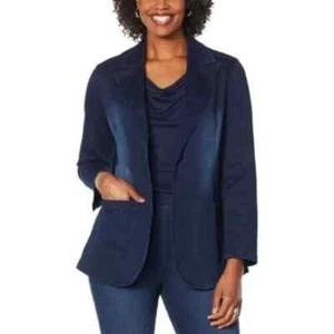 NEW! DG2 Diane Gilman FLEX STRETCH Tailored 1-Button Blazer, Indigo Denim Jacket - Picture 1 of 12