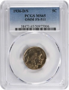 1936-D/S Buffalo Nickel OMM FS-511 MS65 PCGS - Picture 1 of 2