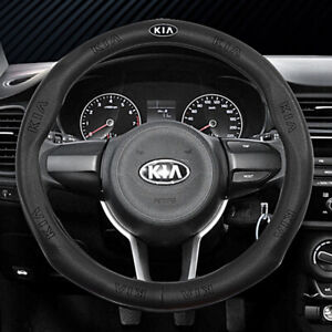 Real-Leather New Car Pinhole Steering Wheel Covers 15"/38CM For Kia Logo Black