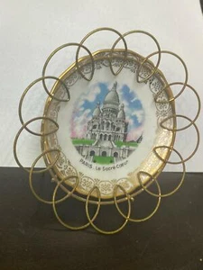 Vintage Souvenirs Porcelain Small Plate Paris Limoges France Decor Brass Frame - Picture 1 of 11