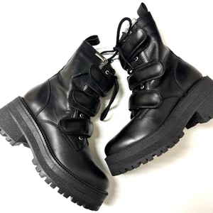 Stivaletti Free People Emmett stringati in pelle nera per moto combattimento con zip taglia 36/6 - Foto 1 di 14