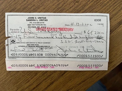 Johnny Unitas Signed & Autograph Check with JSA COA - Image 1 of 2