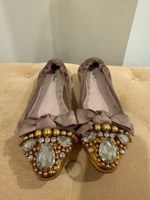 Miu Miu Distressed Jeweled Ballet Flats - Size 38.5 - GENTLY WORN - Image 1 of 4