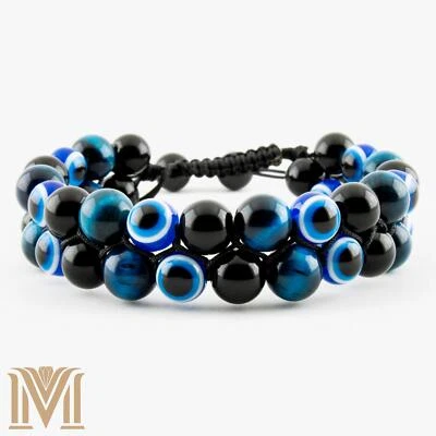 Adjustable Double-Layer Bracelet – Blue Tiger Eye, Black Onyx & Evil Eye, Unisex — 第 1/4 张图片