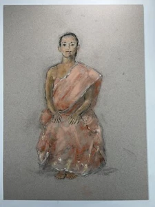 "Dibujo pastel de mujeres con túnica rosa retrato niña bellas artes 16x12"" descalzo de colección" - Imagen 1 de 12