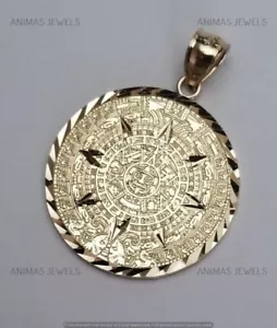 14K Yellow Gold Plated Mexican Aztec Calendar Calendario Sun Ma Pendant Men's - Picture 1 of 4