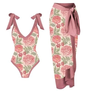 Swimwear - Retro Print Deep V Peony One-Piece Swimsuit - S-XL - Picture 1 of 11