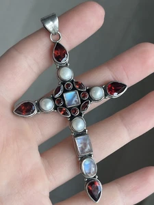 LARGE Vintage 925 Sterling Silver Moonstone Pearl Garnet Cross Pendant Gothic - Picture 1 of 3