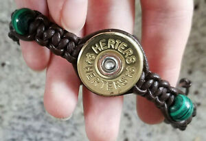 12 Gauge Herters Shot Shell Bracelet with Brown Leather Cord and Malachite Beads